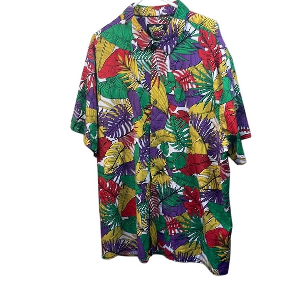 Fresh Vibes Tropical Hawaiian Shirt Colorful Leaf Print‎ Button Up Short Sleeve - Picture 1 of 9